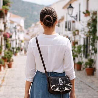 Bolso de piel con motivos de la virgen Rocío