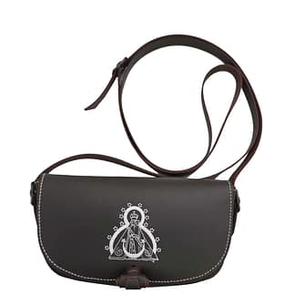 Bolso Bandolera Piel en Marrón Chocolate bordado con la Virgen de la Cabeza